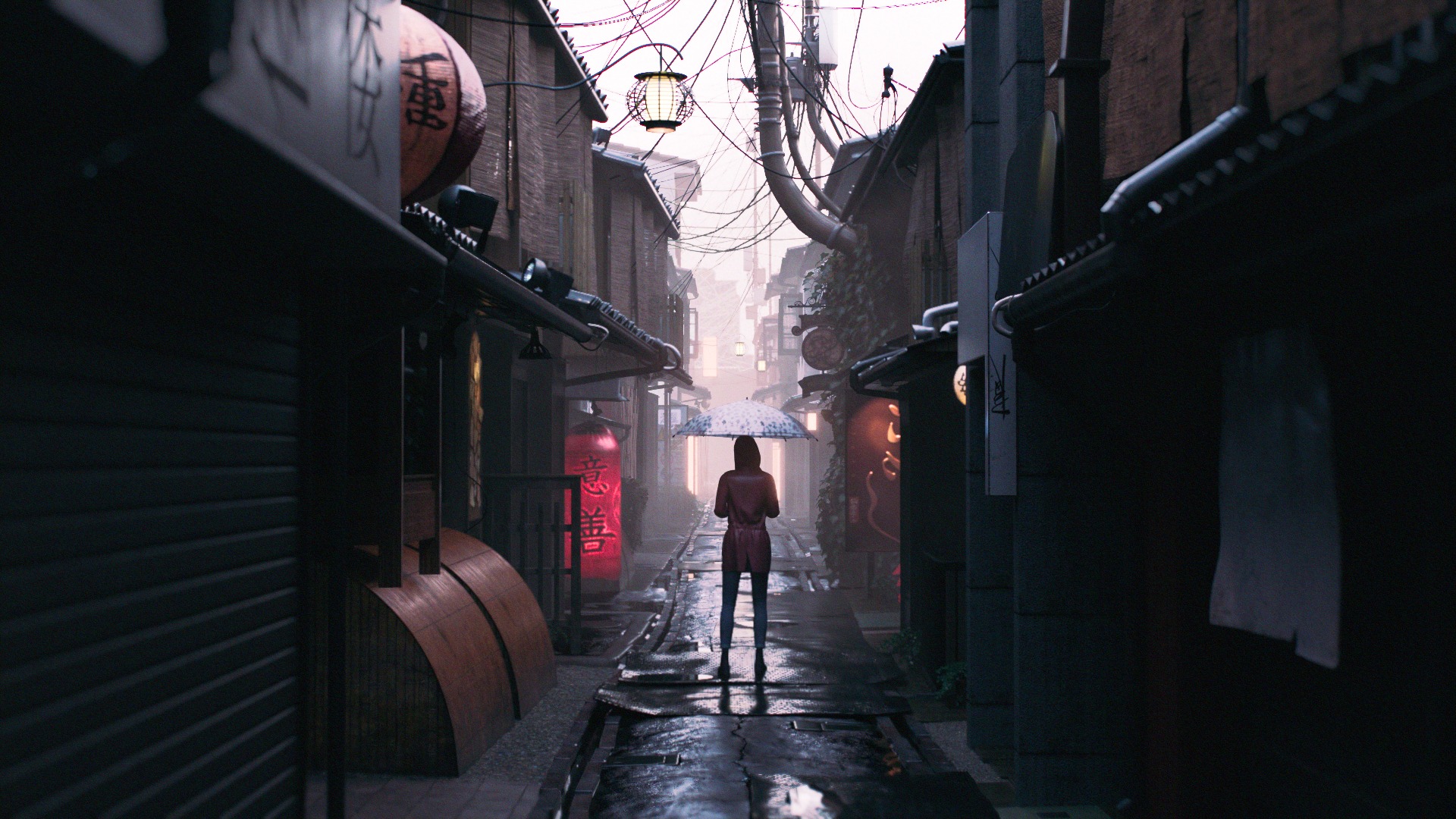 prompthunt: the girl and the alley. anime, cozy village, at night after  rain, clear night sky, lanterns. by hayao miyazaki and rossdraws and  artgerm and greg rutkowski and alphonse mucha. anime production